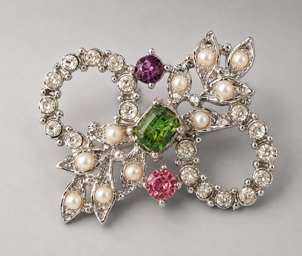 Vintage Bow Brooch Pin Rhinestone Faux Pearl Colorful Silver-tone Green Pink so-